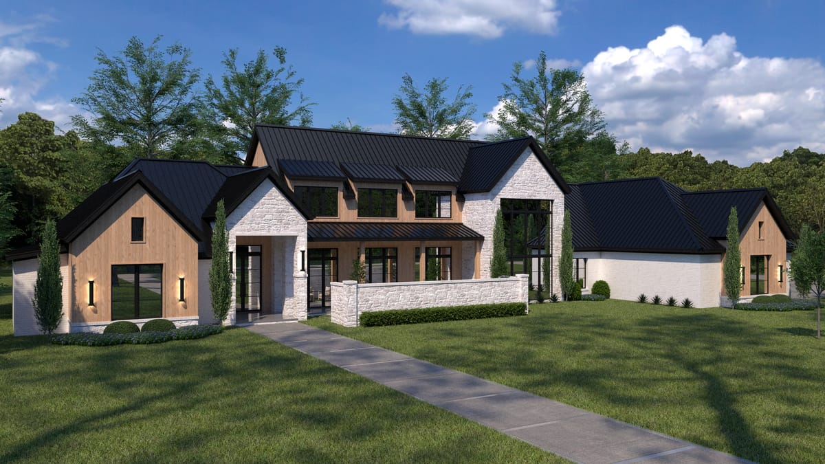 Second front elevation rendering of the custom home at 200 Dan Russell Bend
